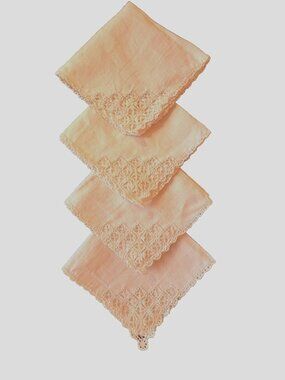 S/4 French Handmade Linen Napkins Drawn Work Crochet Corners Ecru Lace France